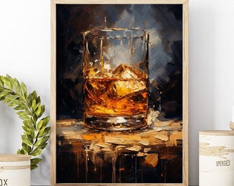 Oil Painting Style Vintage Whiskey Wall Art, Bourbon Whiskey In A Glass Print, Unique Man Cave Decoration, Perfect Gift For Whiskey Lovers