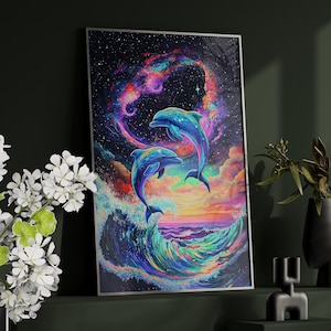 Neon Dolphins Leaping Galaxy Waves Art, Mystical Sunset Starry Sky Colorful Poster or Canvas Print, Surreal Art Print, Magical Home Decor