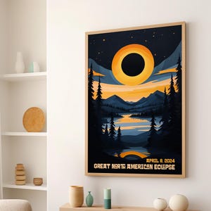 Great North American Eclipse Painting Poster or Canvas, Lake and Mountains Art, Blue and Yellow Sky, Solar Eclipse Decor Mid-Century Modern