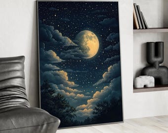 Starry Night Sky And Moon Art Poster or Canvas Print, Celestial Wall Decor, Dark Blue Mystic Clouds, Whimsical Dreamy Night Poster Print