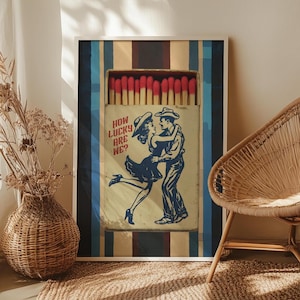 Rustic Matchbox How Lucky Are We Print Poster or Canvas, Vintage Red Mathsticks Wall Art, Retro Striped Wall Art, Western Couple Wall Decor