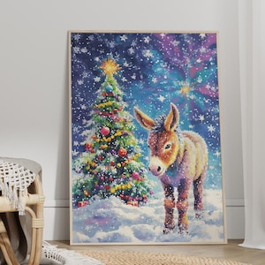 Colorful Donkey in Snow with Christmas Tree Oil Painting, Vibrant Holiday Scene Snowflakes Art, Colorful Snow Art Poster or Canvas Print