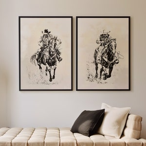 Cowboy 2 Piece Set Illustration Vintage Wall Art or Canvas Print, Western Vintage Cowboy Sketch Wall Decor, Cowboy Riding a Horse Poster