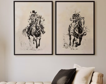 Zestaw 2 elementów z ilustracją kowboja, sztuka ścienna w stylu vintage lub wydruk na płótnie, dekoracja ścienna z kowbojem w stylu western, plakat z kowbojem jadącym na koniu