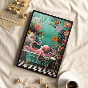 Pink Octopus In A Bathtub Floral Botanical Vintage Art Poster or Canvas Print, Octopus Victorian Print, Whimsy Octopus Bathroom Wall Decor