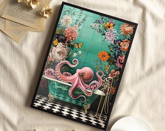 Pink Octopus In A Bathtub Floral Botanical Vintage Art Poster or Canvas Print, Octopus Victorian Print, Whimsy Octopus Bathroom Wall Decor