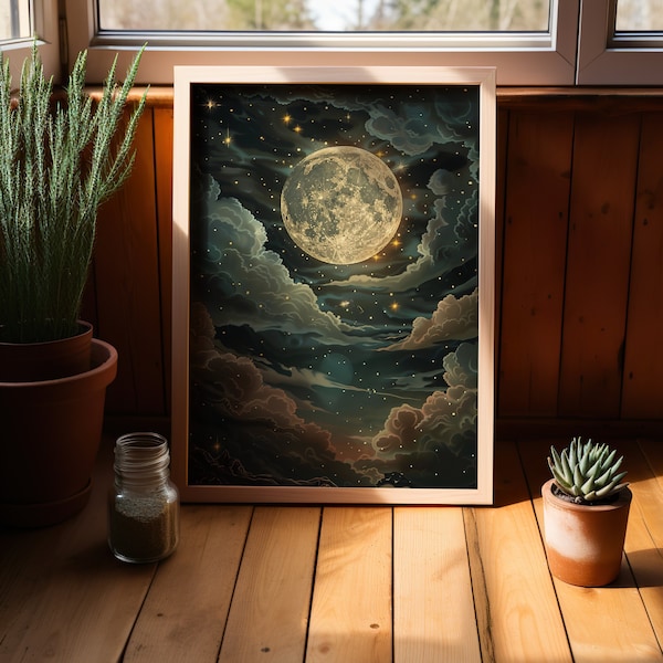 Zauberhafter Himmlischer Mond Art Print oder Leinwand, Vintage Mond Kunst Mystisch Cottagecore Poster, Dunkle Academia Bewölkter Nachthimmel Wandkunst