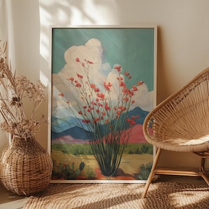 Ocotillo Cactus Botanical Desert Oil Painting Poster or Canvas Print, Big Bend Landscape West Texas Wall Art, Retro Desert Plant Art Print