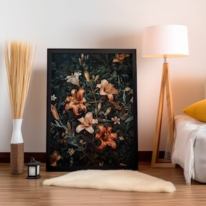Lily Flower William Morris Wall Art Print Canvas, Vintage Country Gift For Her in Cottagecore Dark Academia Decor, Mid Century Botanical