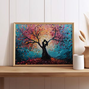 Tree of Love Painting Colorful Art Poster or Canvas Print, Silhouette Art Vibrant Colors Abstract Art, Romantic Oil Painting Couple Love Art