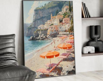 Amalfi Coast Beach Painting Poster or Canvas Print, Vintage Sunlit Seaside Art, Pink and Orange Umbrellas and Cliffs, Italian Coastal Decor