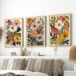 Abstract Boho Flowers Set of 3 Poster or Canvas Print, Wildflowers Botanical Art Print, Colorful Flowers Wall Art, Minimalist Floral Decor