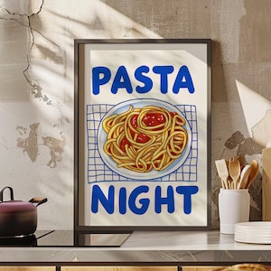 Pasta Night Typography Print Poster or Canvas, Retro Italian Food Wall Art, Spaghetti Poster Kitchen Wall Decor, Mid Century Modern Print