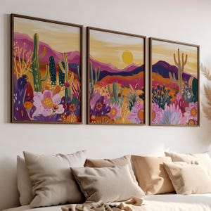 Bunter Mexikanische Kaktus 3-Teilige Wand Kunst Poster oder Leinwand Druck, Mexikanische Wüste Retro Abstrakte Natur Boho Dekor, Botanische Kunst Druck