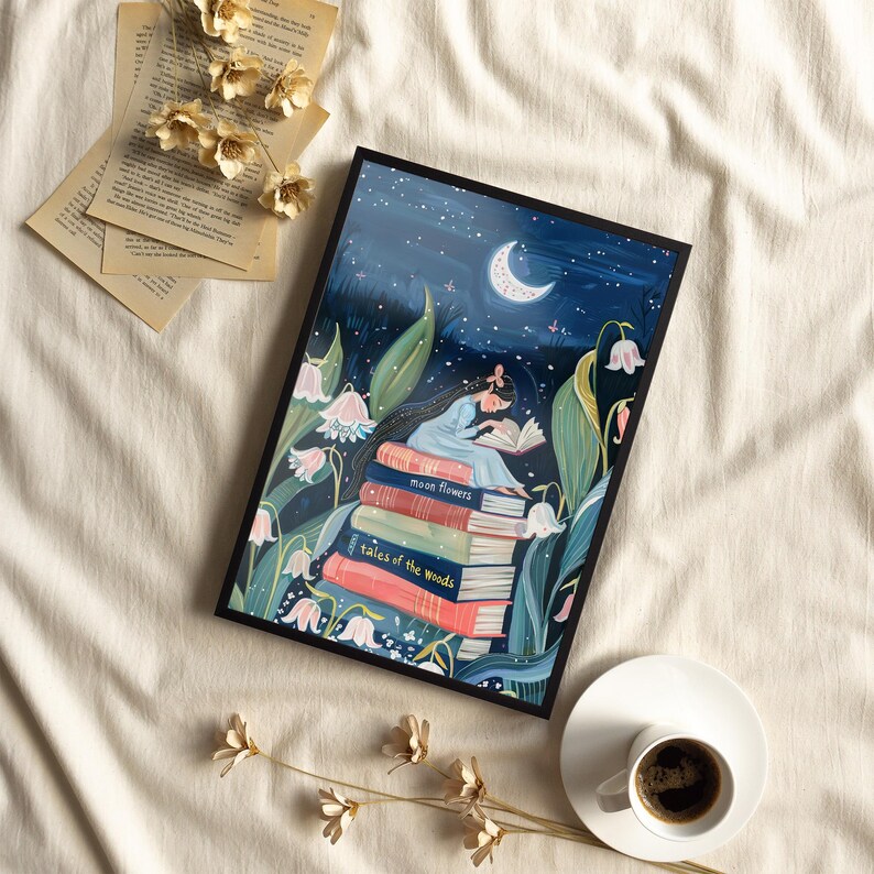 May include: A girl sits on a stack of books reading a book under a crescent moon and stars. The books are titled "Moon Flowers" and "Tales of the Woods".