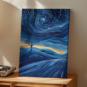 Abstract Starry Sky Galaxy Art Print or Canvas Print, Blue Starry Night Nature Vector Line Art, Starry Landscape Abstract Wall Art Poster