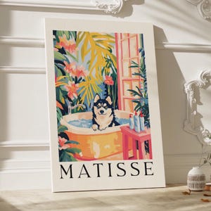 Husky in Bathtub Wall Art Poster or Canvas Print, Funny Bathroom Print, Henri Matisse Artwork, Maximalist Animal Decor, Whimsy Dog Art Print