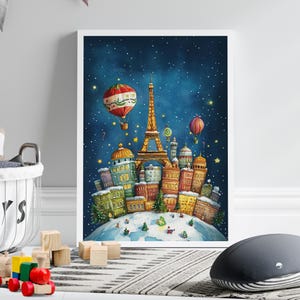 Whimsical Christmas Around the World Watercolor Poster or Canvas, Cute Holiday Scene with Eiffel Tower and Persian Building Starry Night Sky