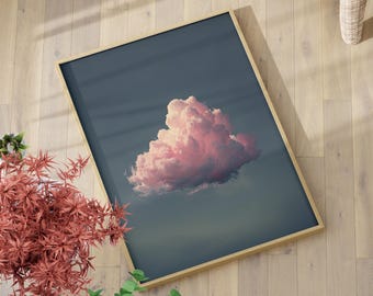 Surreal Pink Cloud Wall Art Poster or Canvas Print, Moody Night Sky Decor, Greenish Blue Abstract Cloud Art, Trendy Above Bed Fantasy Decor
