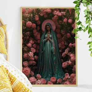 Virgin Mary with Pink Roses Christian Wall Decor Poster or Canvas Print, Holy Mary Praying Sacred Religious Art, Marian Art Catholic Gift