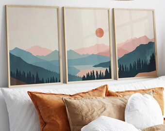 Mountain Landscape with Sun and Trees Scenic Illustration Wall Art, Watercolor Boho Landscape Art, Set of 3 Boho, Canvas or Poster Print