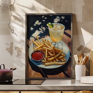 French Fries and Margarita Cocktail Plate Oil Painting Poster or Canvas Print, Food Painting, Girl Dinner Art, Food Still Life Kitchen Decor