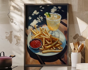 French Fries and Margarita Cocktail Plate Oil Painting Poster or Canvas Print, Food Painting, Girl Dinner Art, Food Still Life Kitchen Decor