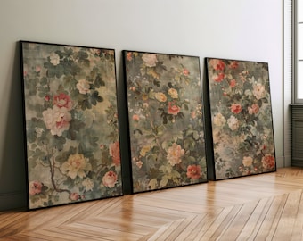 Antique European Tapestry Set of 3 Wall Art or Canvas, Vintage Textile Wall Art, Antique Italian Tapestry, William Morris Inspired Wall Art