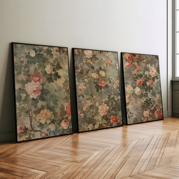 Antique European Tapestry Set of 3 Wall Art, Vintage Textile Wall Art, Antique Italian Tapestry, William Morris - Inspired Tapestry Wall Art