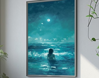 Woman In The Blue Sea Art Print or Canvas, Abstract Swimming In The Ocean Poster Wall Art, Watching The Sea Painting Portrait Elegant Decor