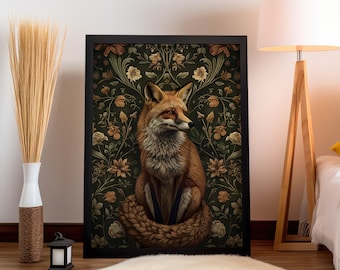 William Morris Inspired Fox Art Print or Canvas, Forest Fox Nature, Vintage Floral Rustic Cottagecore Fox Dark Academia Botanical Wall Art