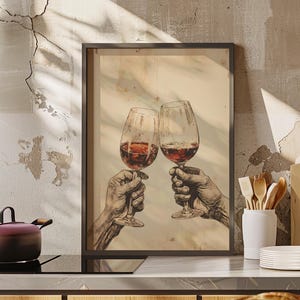 Sketch Style Toasting Wine Glass Wall Art Print or Canvas, Vintage Wine Glass Cheers, Trendy Home Bar Decor,  Alcohol Gift For Wine Lover