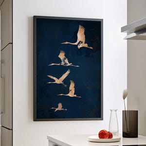 Flying Cranes Dark Blue Gold Wall Art Print Japandi Decor or Canvas, Blue and Gold Japanese Wall Art, Minimalist Bird Japanese Poster Print