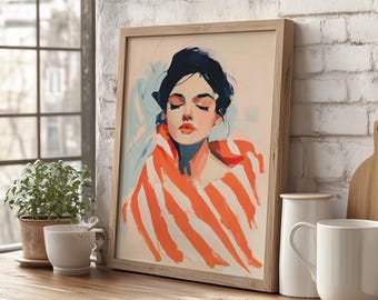 Stripe Woman Abstract Wall Art Poster or Canvas, Modern Abstract People Art, Sleeping Woman Minimalist Bedroom Decor, Feminist Art Print