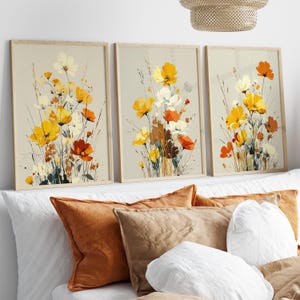 Neutral Floral Set of 3 Wall Art Poster or Canvas Print, Watercolor Wildflower Prints, Minimalist Flower Art, Botanical Nature Home Decor