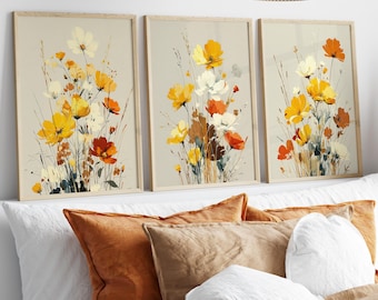 Neutral Floral Set of 3 Wall Art Poster or Canvas Print, Watercolor Wildflower Prints, Minimalist Flower Art, Botanical Nature Home Decor