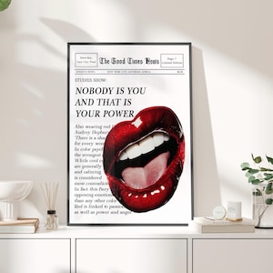 Nobody Is You And That Is Your Power Trendy Newspaper Print Poster or Canvas, Magazine Cover Retro Bar Cart Decor Red Lips Feminine Wall Art