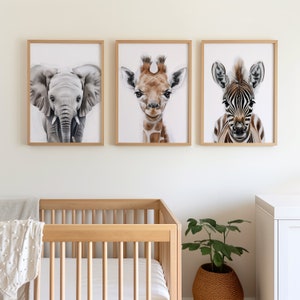3 Piece Set Safari Animal Nursery Art Print or Canvas, Baby Room Animal Prints, Whimsical Kids Room Decor, Grey Themed Animal Jungle Safari