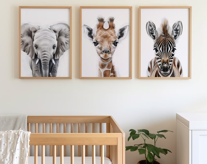 Ensemble 3 pièces impression d'art pour chambre d'enfant safari, impression d'animal pour chambre de bébé, décoration fantaisiste de chambre d'enfant, impression d'animal sur le thème gris, art safari dans la jungle