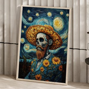 Undead Spanish Man Sombrero Van Gogh Inspired Painting Poster or Canvas Print, Floral Skeleton Portrait, Mexican Swirling Starry Night Sky