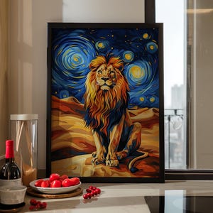 Lion in the Desert Under the Abstract Starry Sky Wall Art Poster or Canvas Print, Lion Wall Art, Wild Animal Print, Van Gogh Inspired Lion
