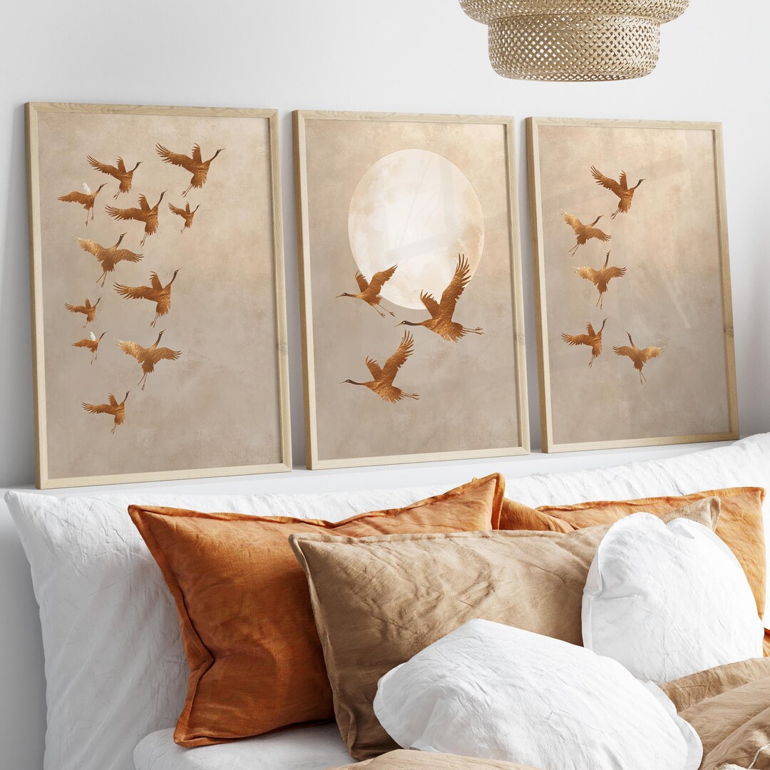 Golden Cranes Japanese Set of 3 Wall Art Poster or Canvas Print, Beige ...