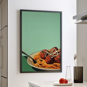 Spaghetti and Meatballs Art Print Poster or Canvas, Minimalist Food Illustration, Cartoon Inspired Art Kitchen Decor, Retro Pasta Poster