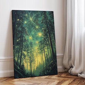 Celestial Illuminated Forest Wall Art Poster or Canvas Print, Surreal Forest Glow, Starry Night Sky Cottagecore Decor, Whimsical Night Print