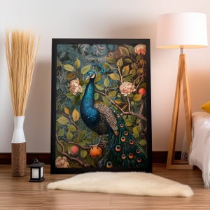 Peacock William Morris Wall Art Print or Canvas, Vintage Exotic Gift For Bird Lover in Cottagecore Dark Academia Decor Mid Century Botanical