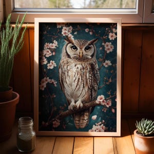 Wise Owl Perched On A Blooming Cherry Blossom Branch Classic Vintage Oil Painting Poster or Canvas Print, Bird on a Tree Branch Floral Print