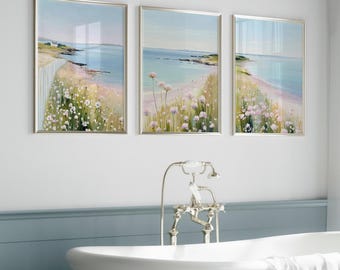 Pastel Beach Set of 3 Prints Poster or Canvas, Preppy Coastal Wall Art, Ocean Wildflowers Print, Coquette Floral Summer Beach House Decor