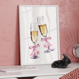 Coquette Champagne Glasses with Pink Bow Poster or Canvas Print, Love Shack Fancy Wall Prints, Balletcore Minimalist Room Trendy Girly Decor