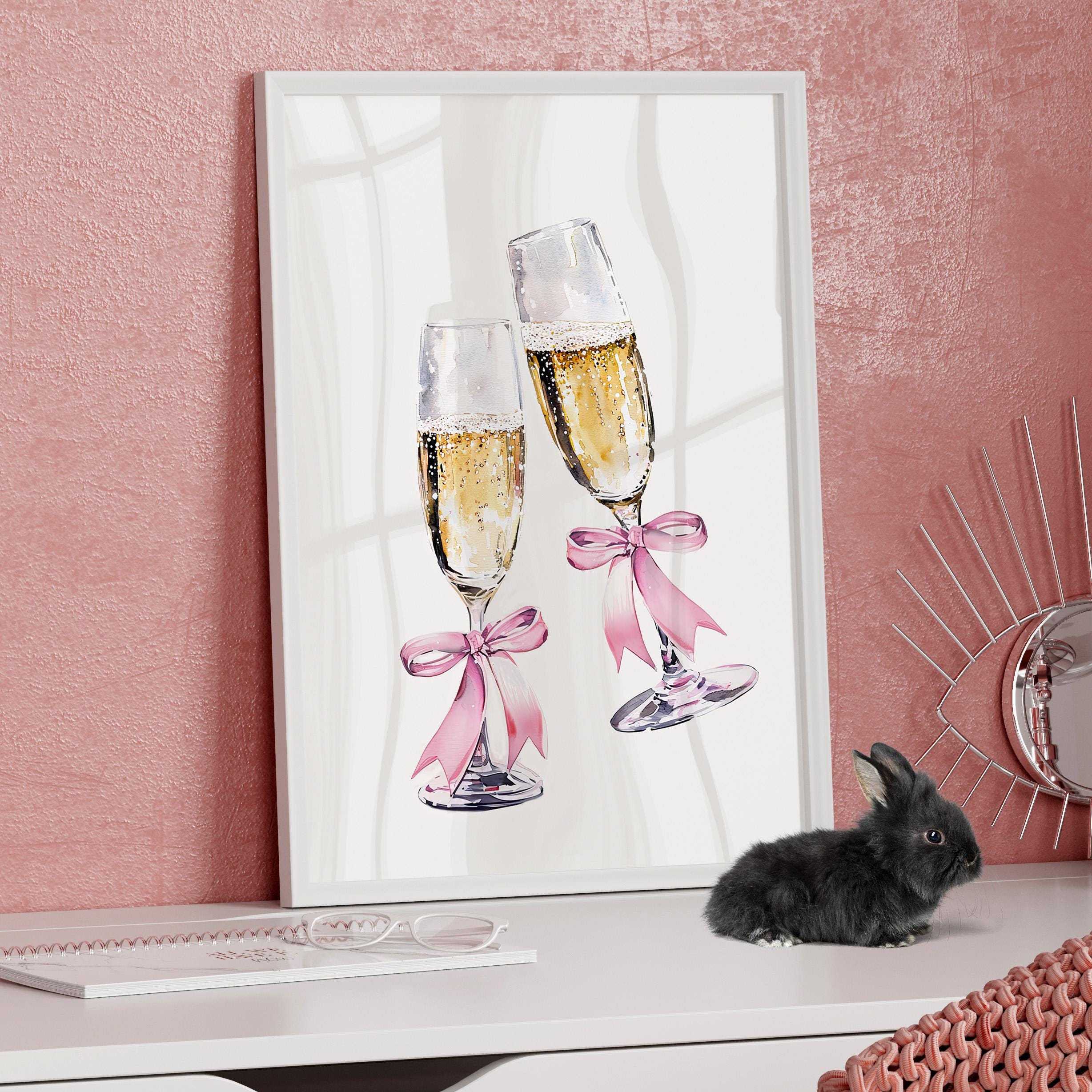 Coquette Champagne Glasses with Pink Bow Poster or Canvas Print, Love Shack Fancy Wall Prints, Balletcore Minimalist Room Trendy Girly Decor