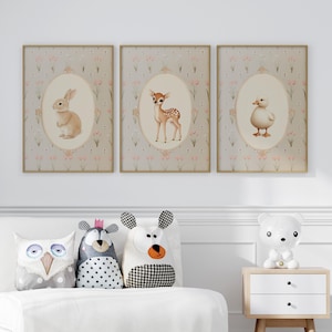 Woodland Animals Nursery Wall Art Set of 3 Prints Poster or Canvas, Bunny Duck and Deer Art Print, Neutral Nursery Decor, Cottagecore Decor